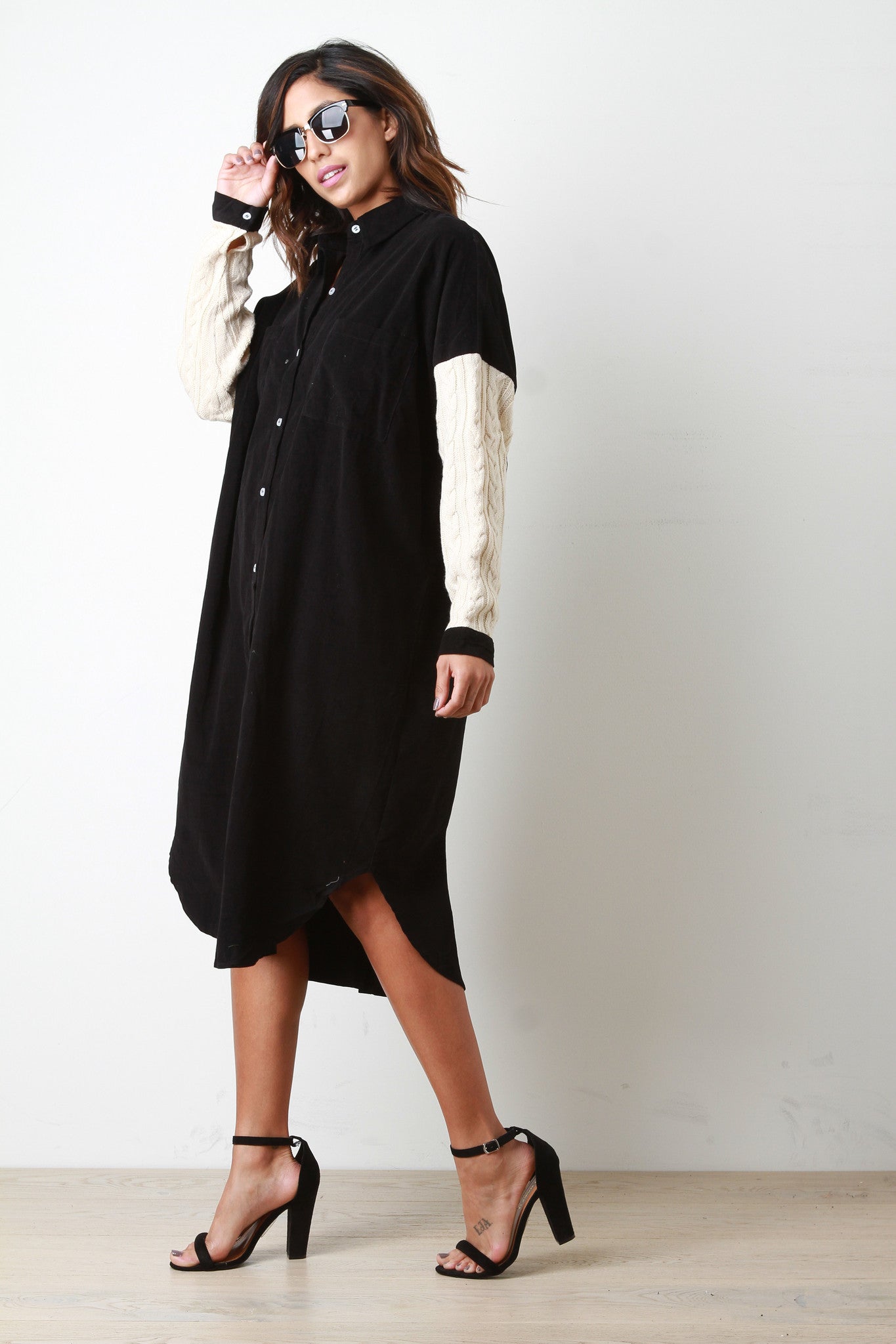 Cable Knit Sleeve Corduroy Button Up Tunic