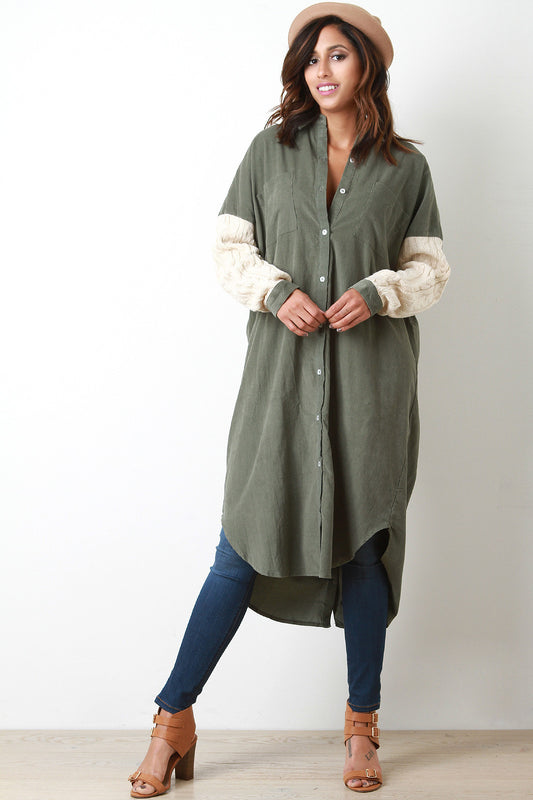 Cable Knit Sleeve Corduroy Button Up Tunic