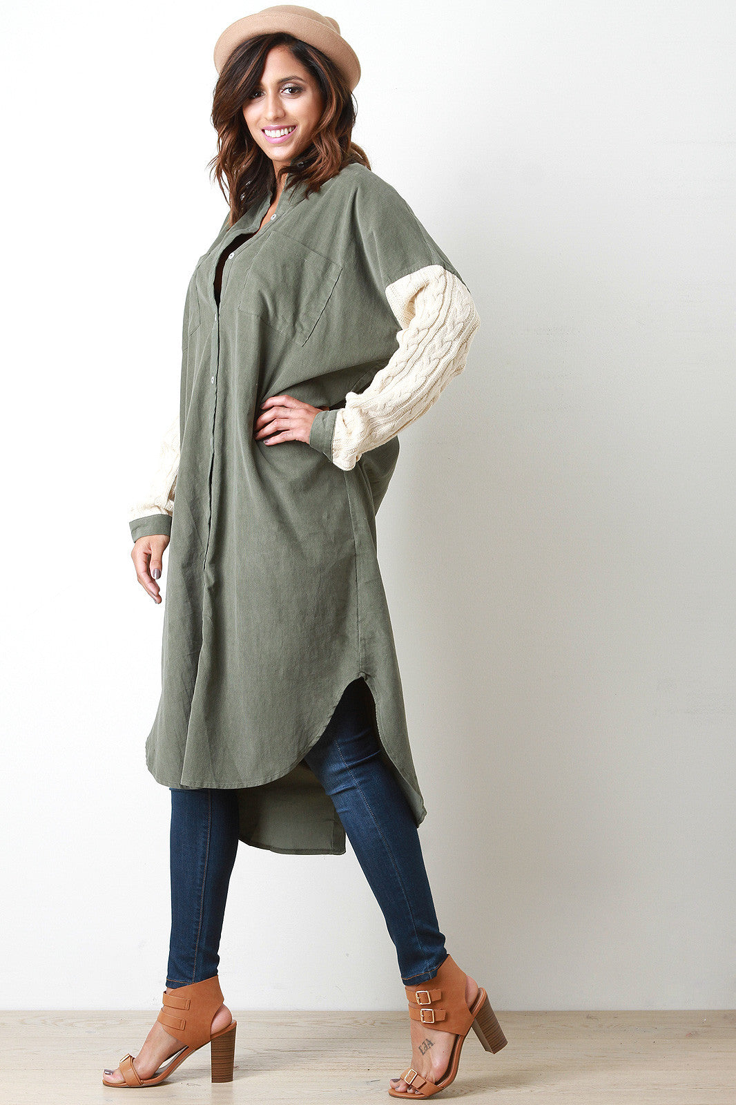 Cable Knit Sleeve Corduroy Button Up Tunic