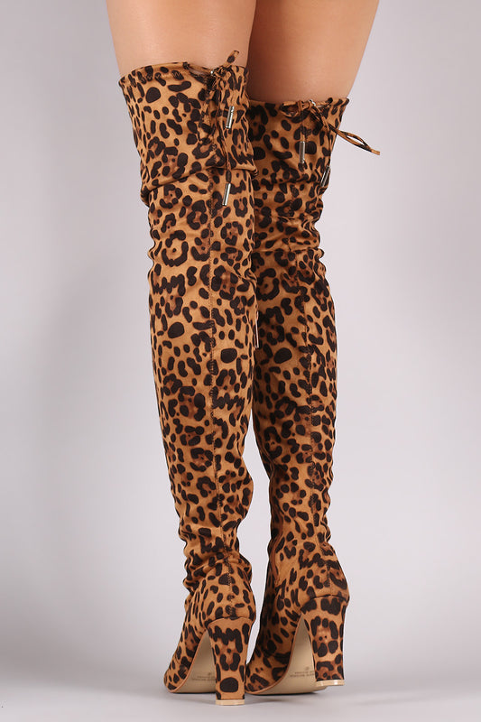 Leopard Drawstring-Tie Thick Heeled Over-The-Knee Boots