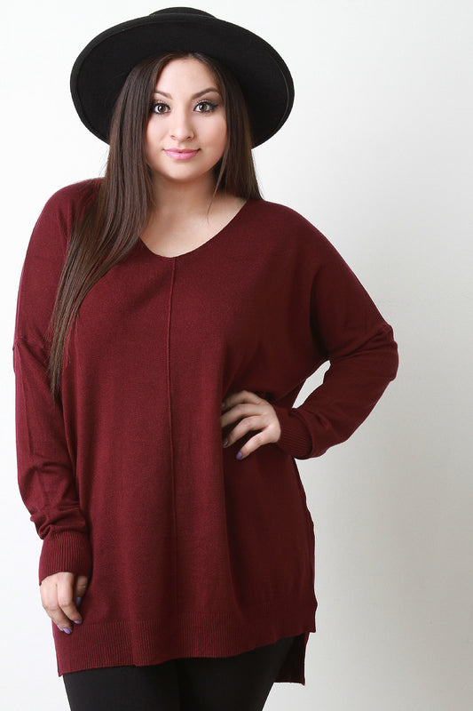 Over-sized High Low Hem V Neck Sweater