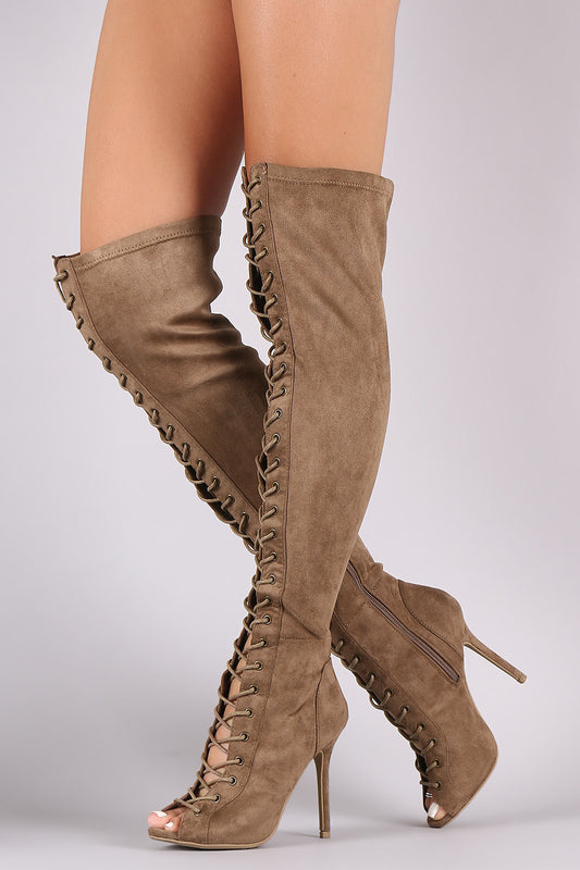 Wild Diva Lounge Suede Peep Toe Lace Up Stiletto Boots