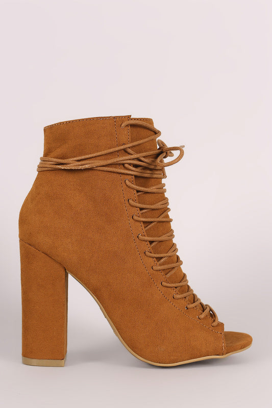 Bamboo Suede Lace-Up Ankle Tie Chunky Heeled Booties