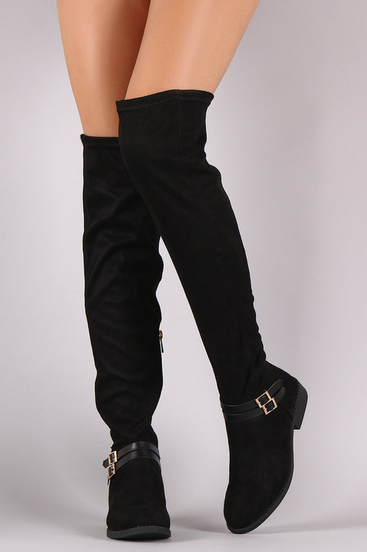Bamboo Suede Buckled Riding Over-The-Knee Boots