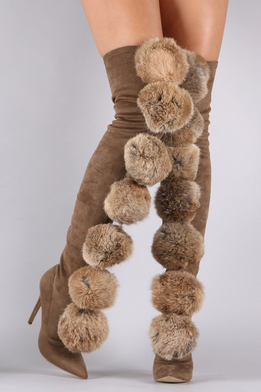 Privileged Suede Oversized Pom Pom Fitted Stiletto Over-The-Knee Boots