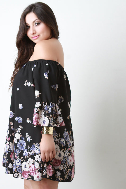 Floral Bardot Bell Sleeve Dress