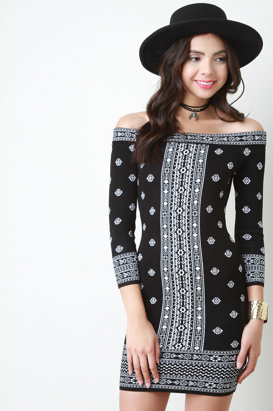 Printed Off The Shoulder Bodycon Mini Dress