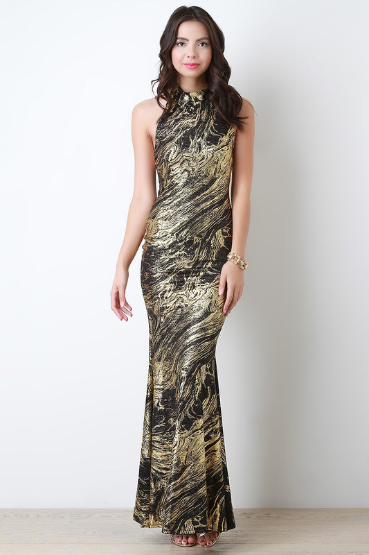 Semi Sheer Mock Neck Metallic Maxi Dress