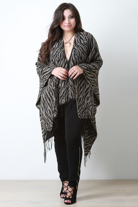 Woven Zebra Pattern Fringe Hem Poncho