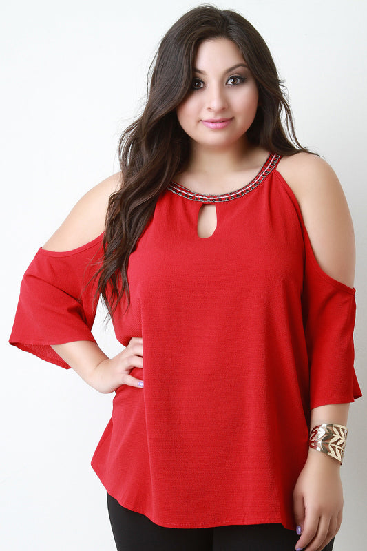 Beaded Neckline Cold Shoulder Blouse
