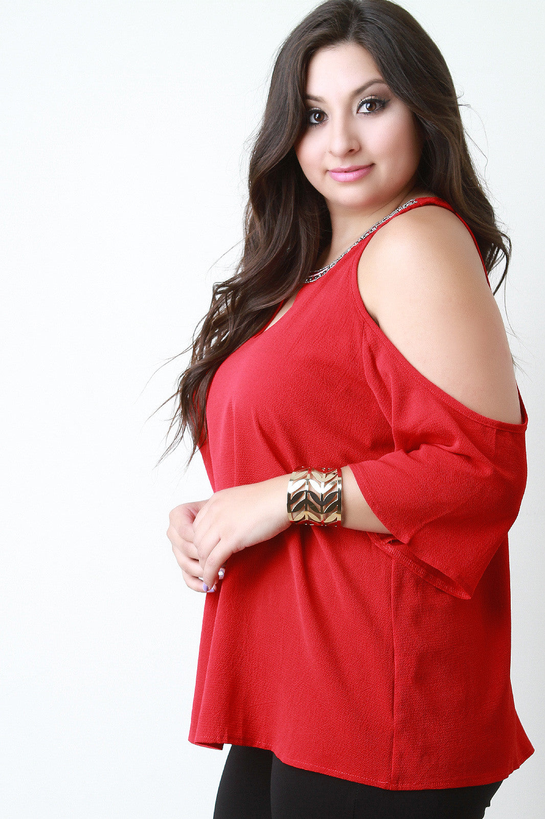 Beaded Neckline Cold Shoulder Blouse