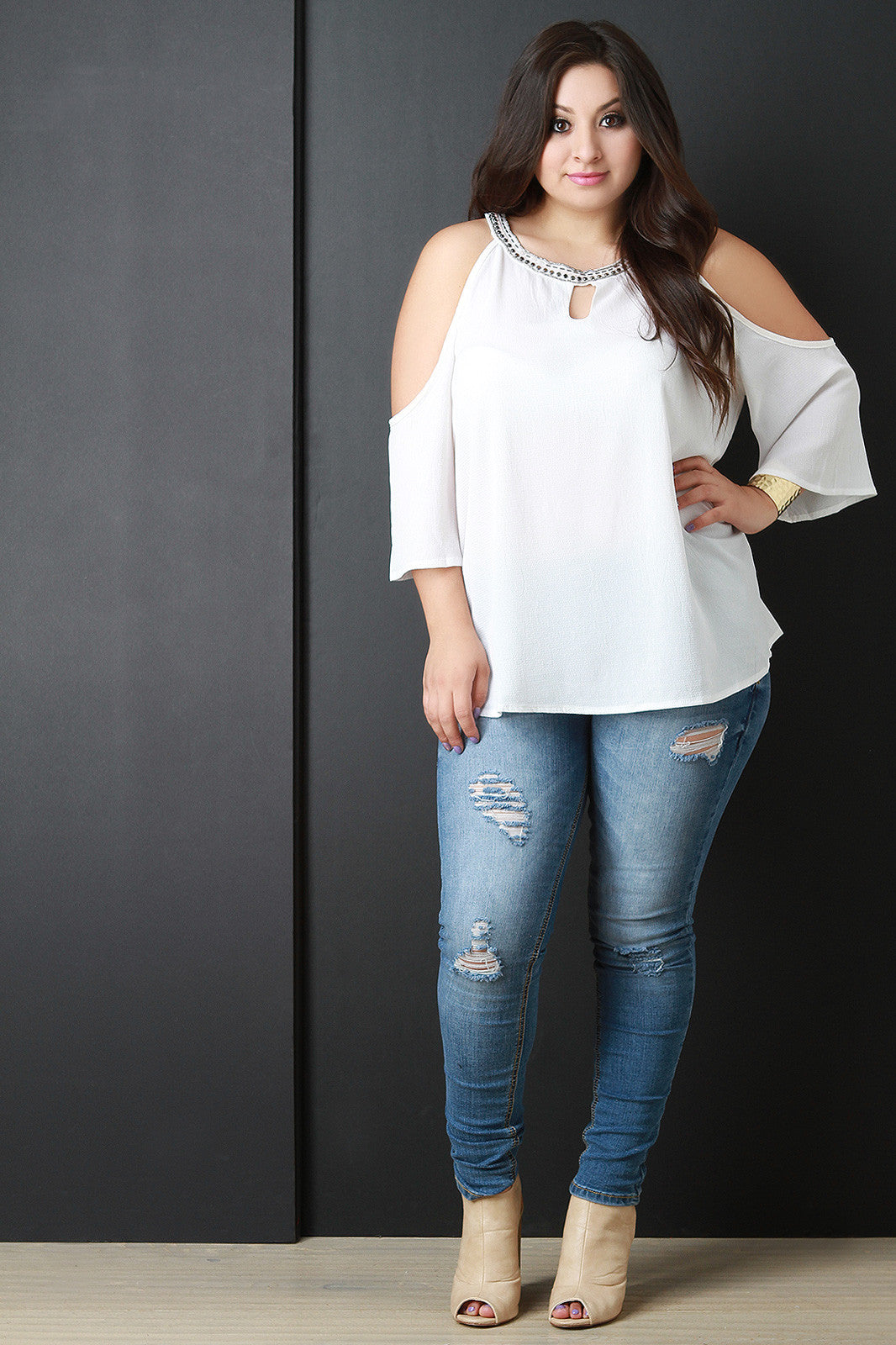 Beaded Neckline Cold Shoulder Blouse
