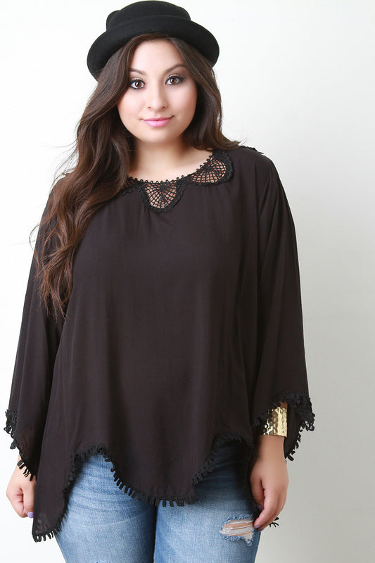 Crochet Lace Trim Long Sleeve Asymmetrical Hem Blouse