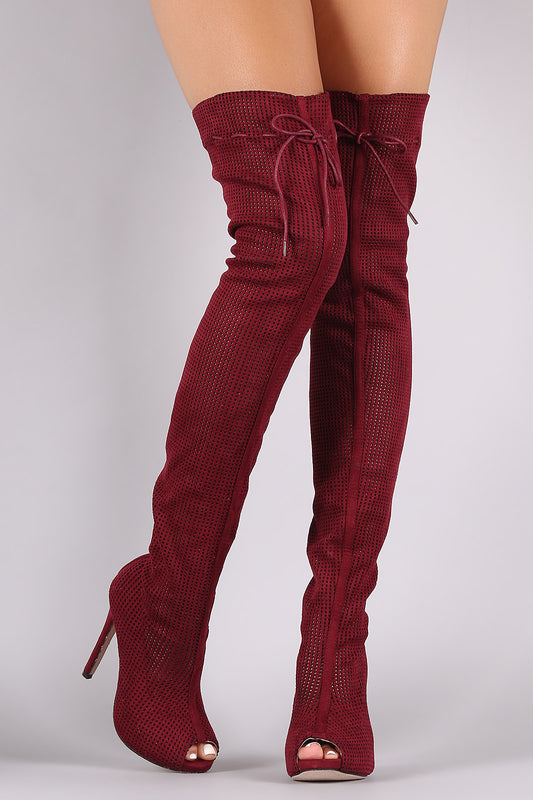 Perforated Open Toe Over The Knee Stilleto Heel Boots