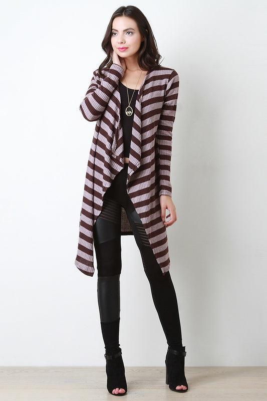 Striped Rib Knit Long Draped Front Cardigan