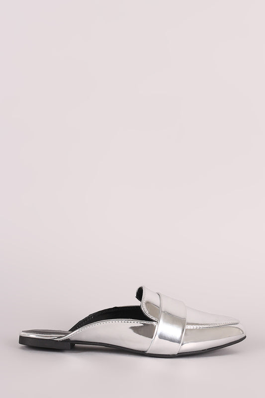 Qupid Backless Almond Toe Metallic Loafer Flat
