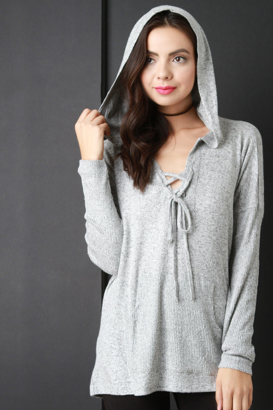 Rib Knit Contrast Boxy Pull Over Hooded Sweater