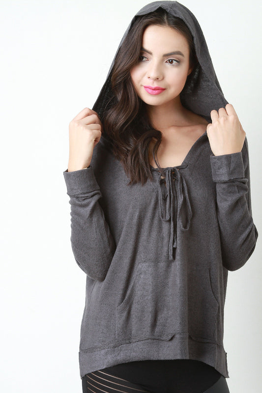 Boxy Lace Up Neckline Pull Over Sweater