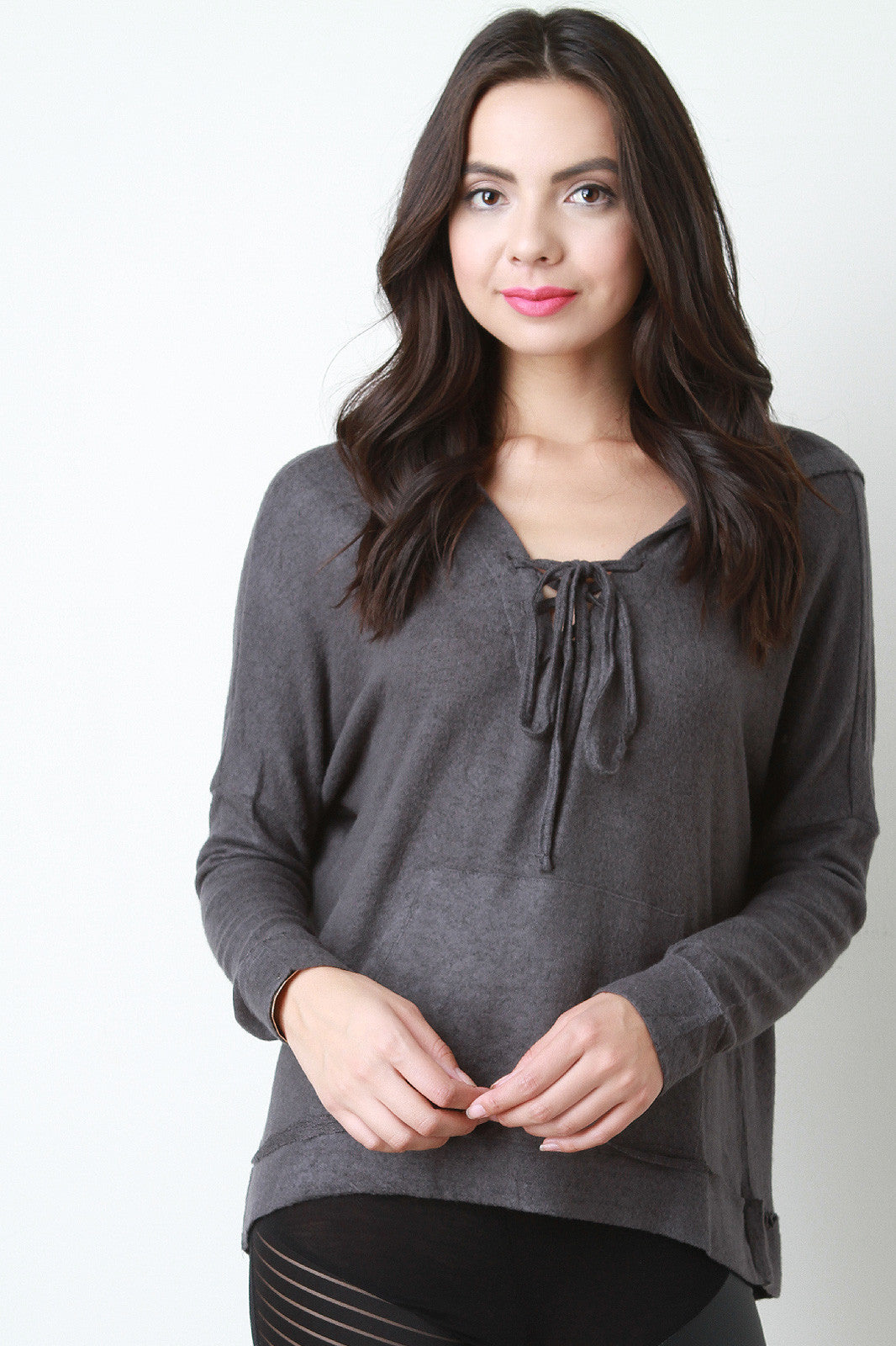 Boxy Lace Up Neckline Pull Over Sweater