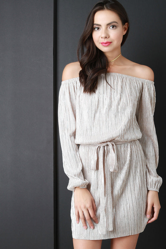 Shimmer Pleated Off The Shoulder Mini Dress