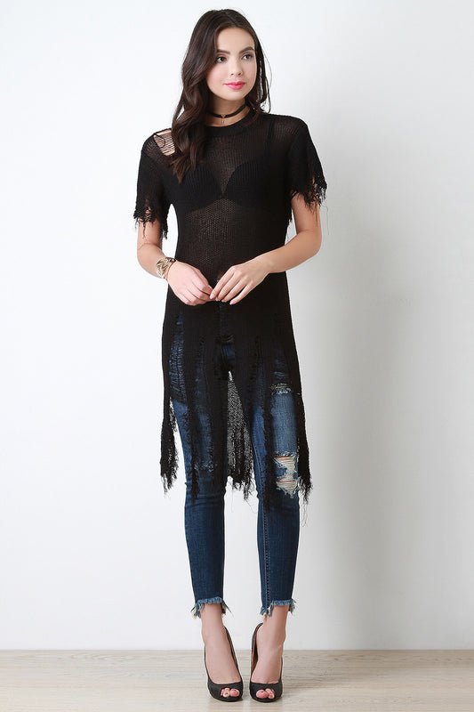 Shredded Loose Knit Longline Top