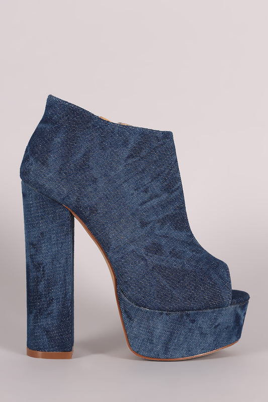 Liliana Denim Peep Toe Platform Chunky Heel Booties