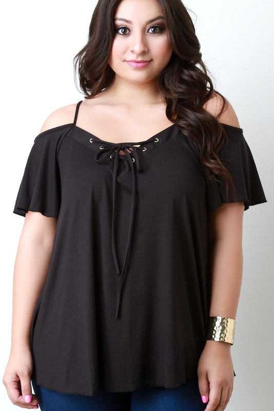 Cold Shoulder Lace-Up V-Neck Ruffle Top