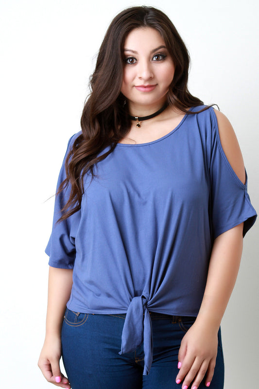 Cold Shoulder Self-Tie Hem Choker Necklace Cropped Top