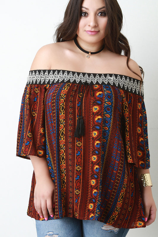 Paisley Print Off-The-Shoulder Quarter Sleeves Peasant Top