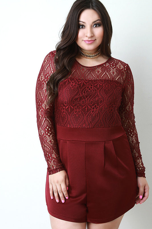 Contrast Lace Top Pleated Short Romper
