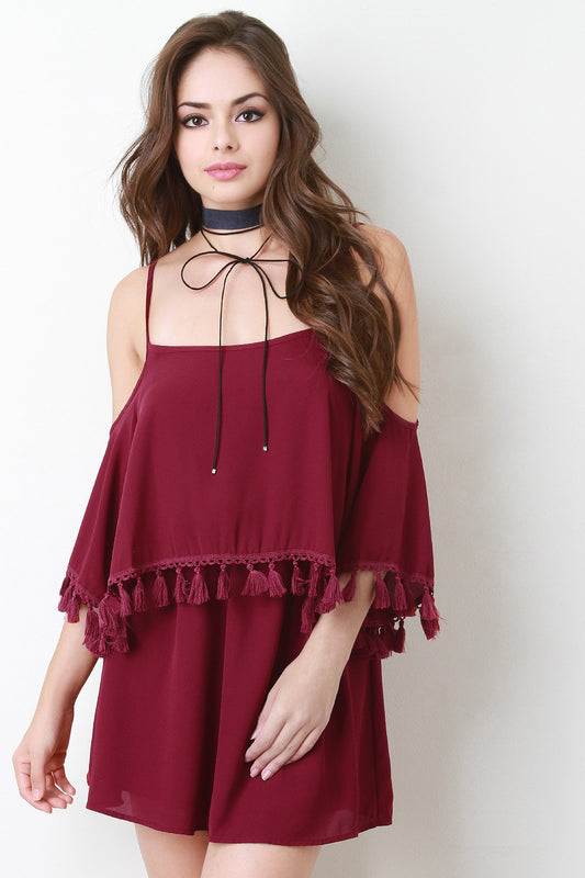 Single Tier Open Shoulder Tassel Dress