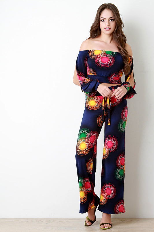 Retro Lights Print Self-Tie Wide Leg Pants