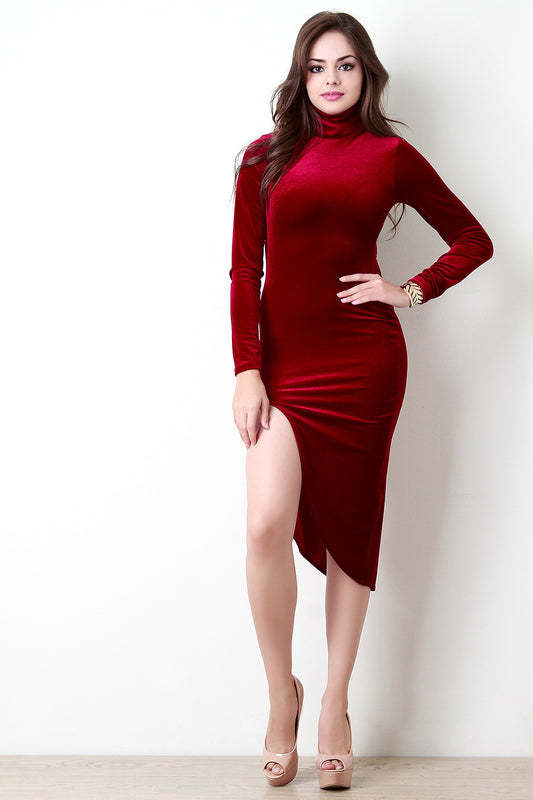 Velvet Mock Neck Long Sleeve Asymmetrical Slit Dress