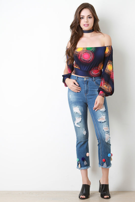 Distressed Denim Tassel And Pom Pom Crop Jeans