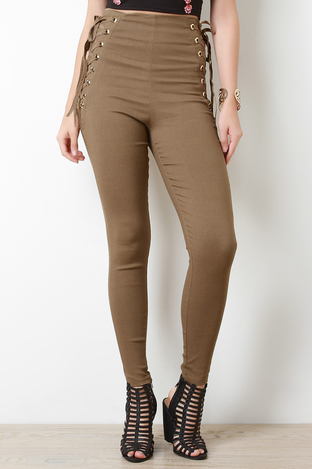 Side Eyelet Corset Lace-Up High Waist Skinny Pants