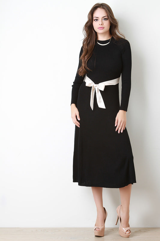 Rib Knit Mock Neck Lon Sleeve Contrast Tie Midi Dress