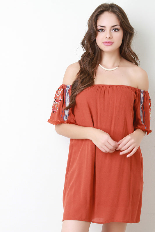 Embroidered Sleeve Bardot Shift Dress