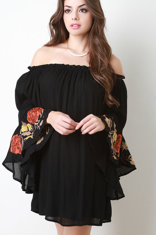Embroidered Floral Wide Sleeve Bardot Dress