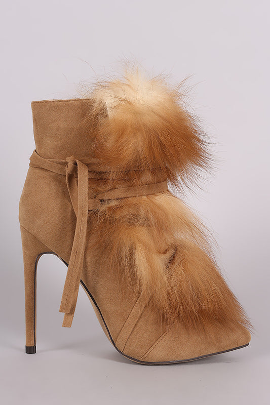 Liliana Faux Fur Lace Up Pointy Toe Stiletto Booties