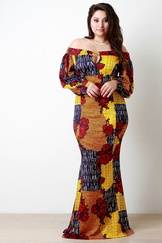 Roses and Patterns Off The Shoulder Mermaid Dress
