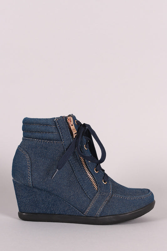 Denim Lace-Up High Top Wedge Sneaker