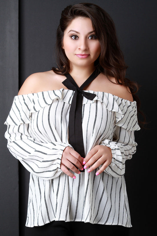Crinkle Pinstripe Off The Shoulder Ruffle Bow Top
