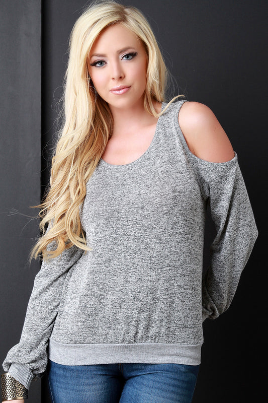 Cold Shoulder Marled Knit Back Keyhole Top