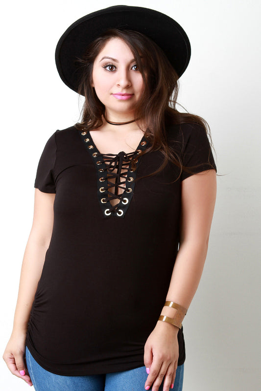 Lace Up Grommet Trim V-Neck Short Sleeve Top