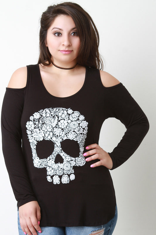 Flower Skull Cold Shoulder Long Sleeve Tee