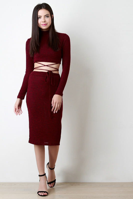 Rib Knit High Waist Side Slit Pencil Skirt