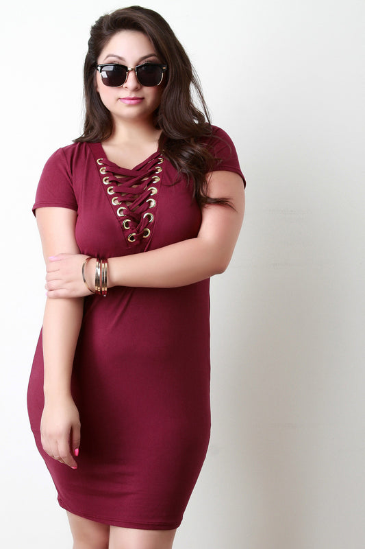 Suede Lace-Up Eyelet Trim V-Neck Short Sleeve Dress