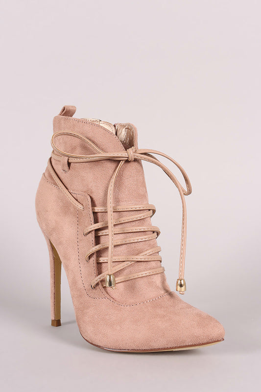 Suede Pointy Toe Lace-Up Stiletto Ankle Boots