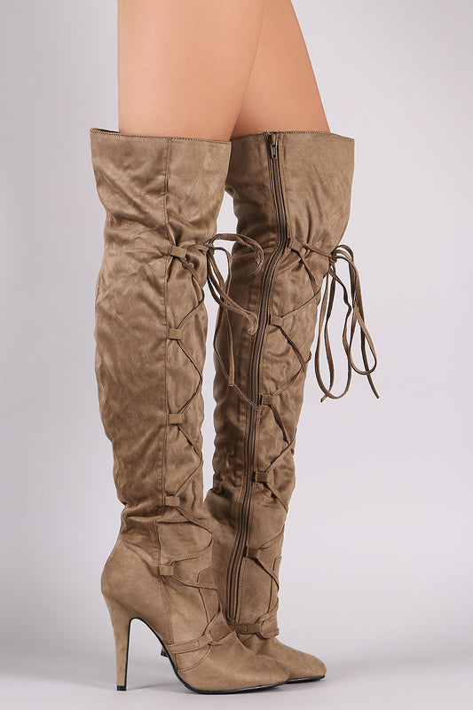 Suede Corset Lace-Up Stiletto Over-The-Knee Boots