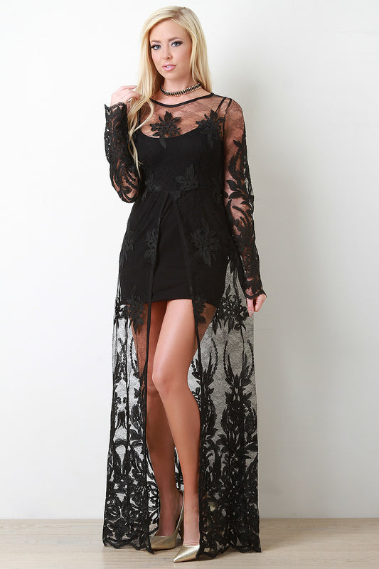 Semi-Sheer Floral Lace Vent Slit Maxi